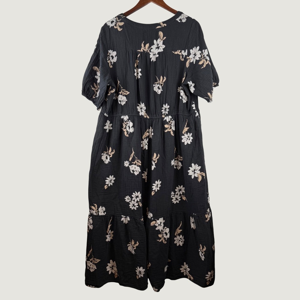 Tiered Maxi Floral Guaze Dress Womens 1X Black Cottagecore Lagenlook Teacher - Picture 2 of 9